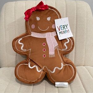 NEW Very Merry Gingerbread Girl‎ Plush Christmas Decorative Pillow Brown Red Bow